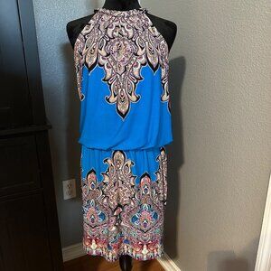 Maggy L Blue Paisley Halter Dress Size 6 Sleeveless Keyhole Back Boho Cocktail